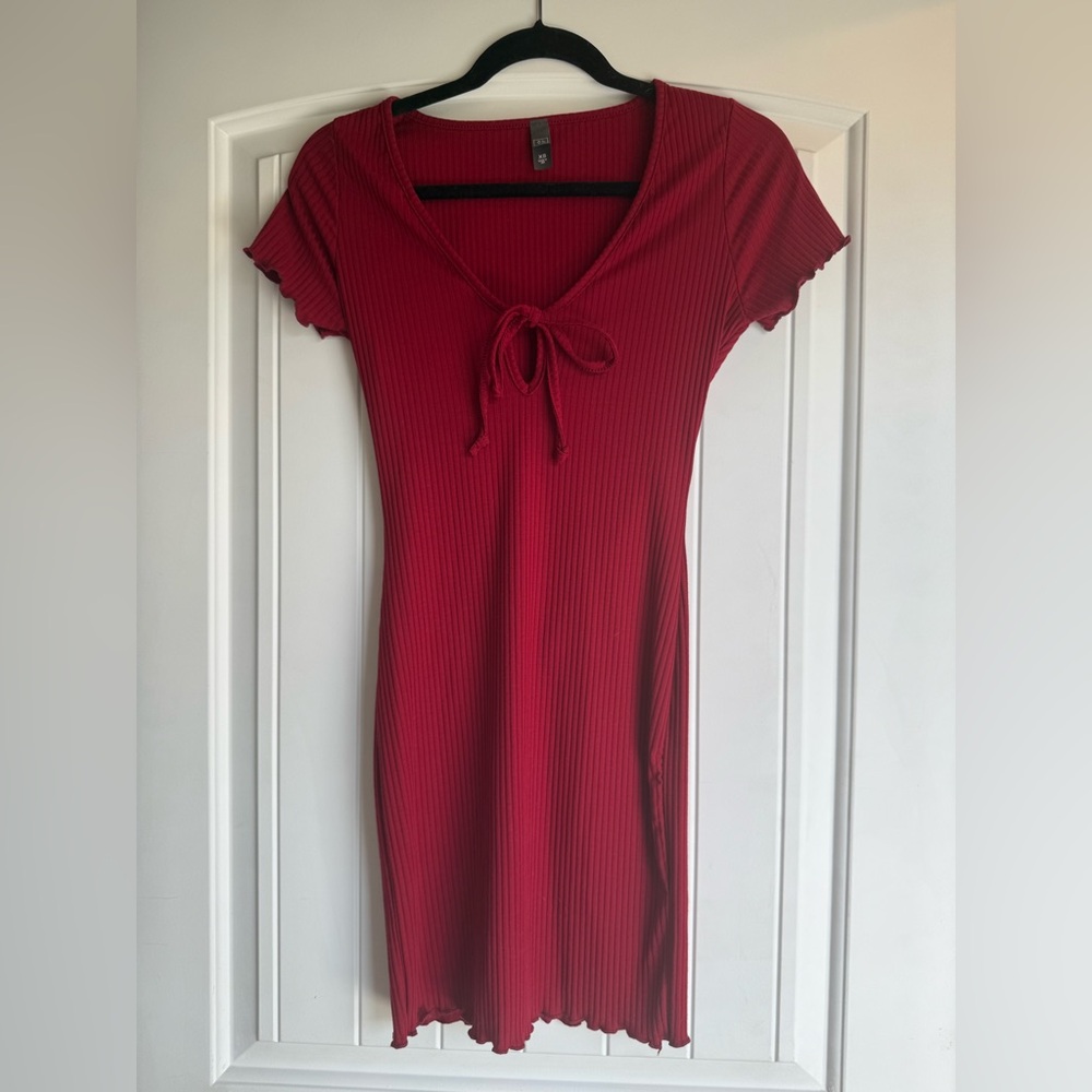 Red Ribbed Tie-Front Dress